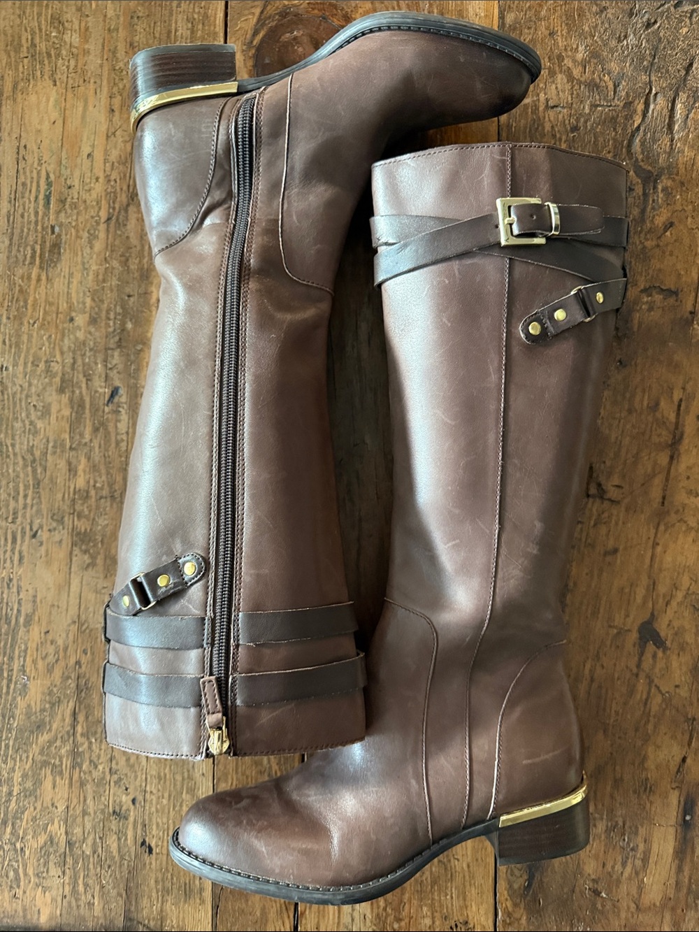 Franco Sarto Brown Leather Gold Hardware Celeste Riding Boots Size 5.5